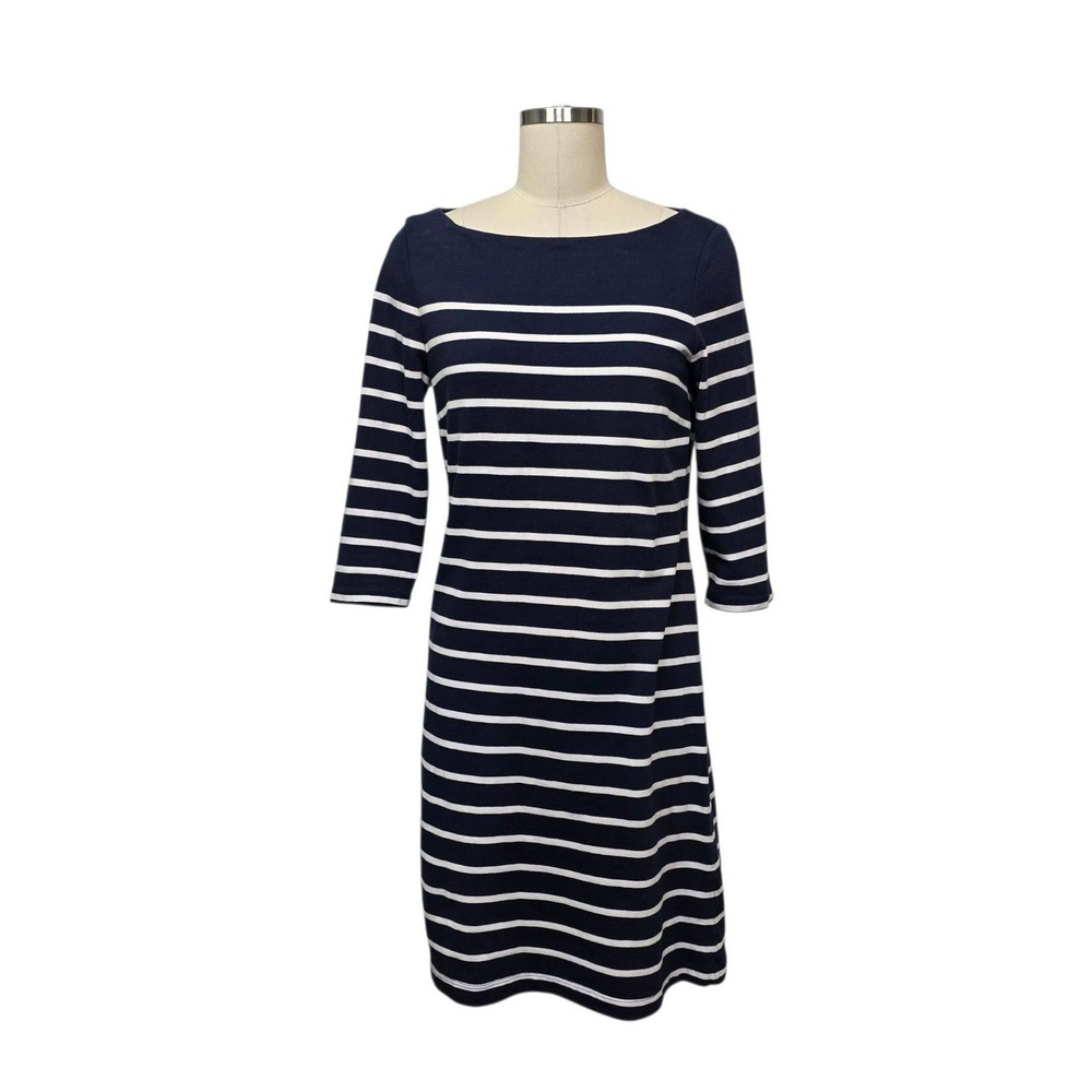 J.McLaughlin Navy White Striped Cotton Boat Neck 3/4 Sleeve Sheath Dress Small